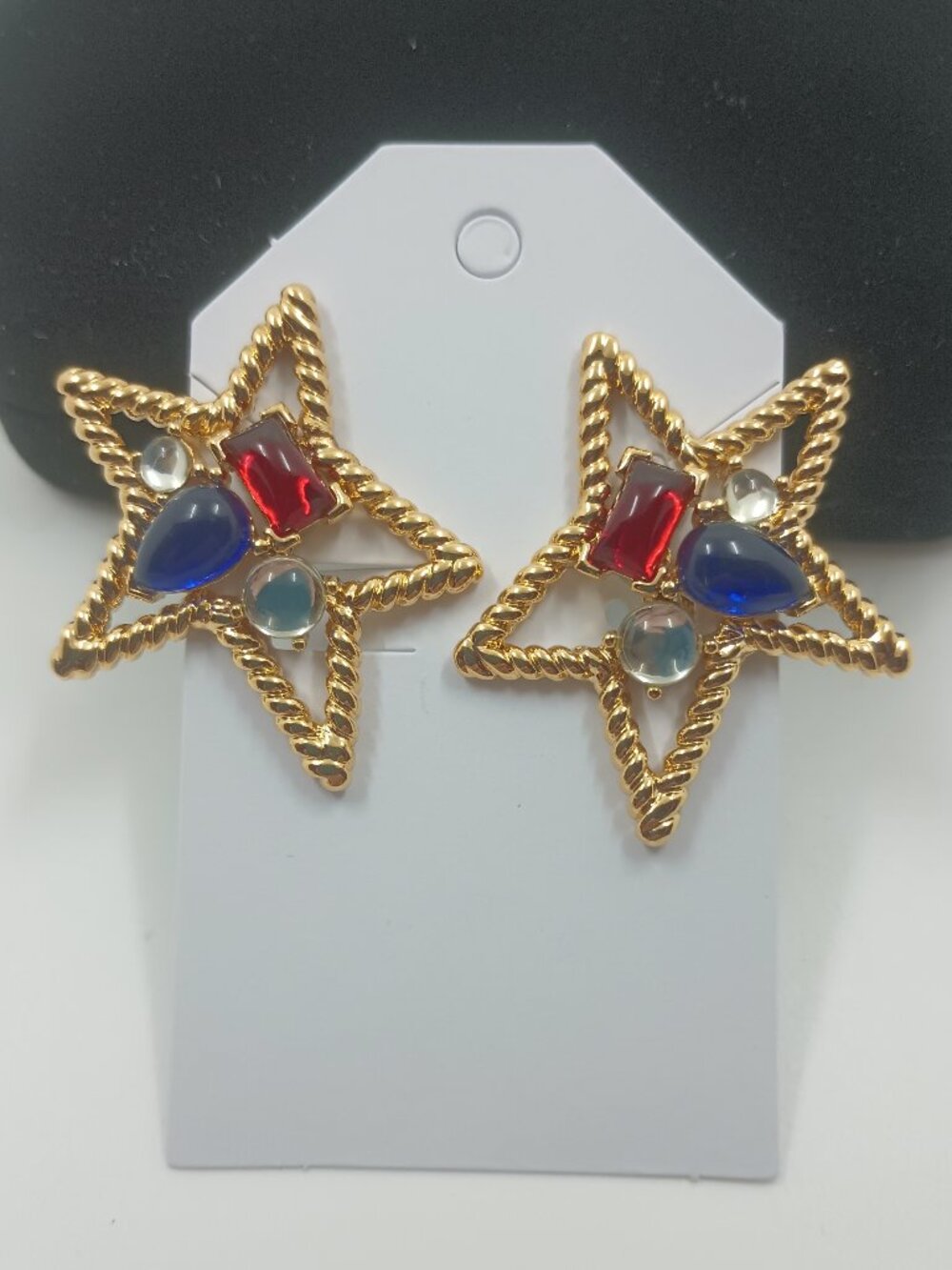 Vintage TRIFARI Gold Tone Cabochon Star Shape Clip Earrings